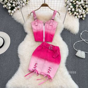 Pink Gradient Spice Girl Cowboy Fashion Suft Suspender Vest Two-Piece Set High midje höft remskjol sommar