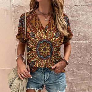 Ethnic Printed T Shirts for Women Summer Casual Loose Short Sleeve Top Fashion Retro VNeck Womens TShirts Pullover Harajuku 240524