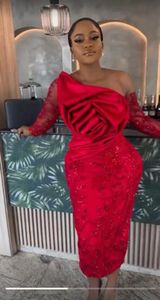 Ciemnoczerwone osłonki herbaty Długość balowa sukienki koronkowe długie rękawy Ruche Kwiat Chic Even Evening Suknie 2024 Aso Ebi African Women Formal Party Sukienka