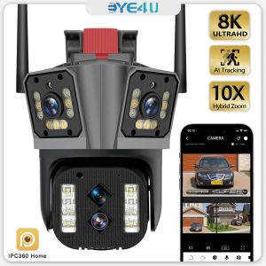 16MP 8K IP -камера 10x Zoom Outdoor Three Screen Four Lens Video Supiallance Cameras WiFi Auto Tracking CCTV 4K Security Cam Ptz