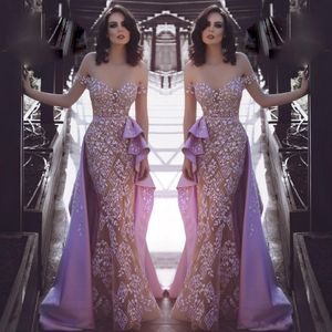 Lavender Mermaid Overskirts 2018 Sukienki na studniowe ramię koronkowe koraliki wieczorowe suknie Saudyjskie celebrytka sukienka szata de soire 222N