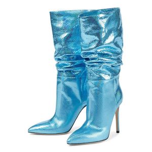 2024 New Lady Sheepskin Patent Leather Boots Stiletto High Heels Knight Pleated Half Ankle Booties 여성 Hyun-Chae Pillage Toes Knee Party Shoes Big Size 34-48