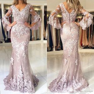 Elegant Blush Pink Appliques Lace Long Mermaid Prom Dresses V Neck Long Flare Sleeves Floor Length Formal Evening Gowns Custom Size 220v