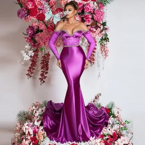 Fuchsia Dubai Evening Dresses Beads Crystals Rhinestones Luxury Long Sleeves Muslim Prom Dresses Prom Pageant Gowns Vestidos Plus Size