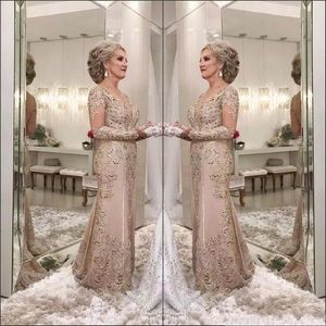 2022 Luxury Mother of the Bride Sukienki V Długie rękawy Kryształowe koraliki koronkowe aplikacje plus size syrena wieczorna sukienka weselna 2727