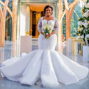 2019 Plus Size Mermaid Wedding Dresses Long Sleeves Sweetheart Neckline Sequins Applique Lace Sweep Train Organza Satin Wedding Bridal 276f