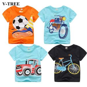 T-Shirts V-Tree Summer Jungen T-Shirt Cartoon Autos bedrucktes Baumwoll-Top T-Shirt Boys Kleidung Top 2-8 Jahre D240525