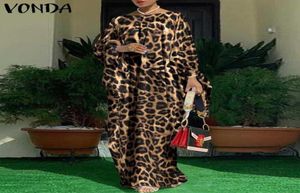 カジュアルドレス女性Kaftanドレス2021 Vonda Vintage Leopard Printed Party Long Maxi Sleeve Pleated Vestido特大Robe9227646