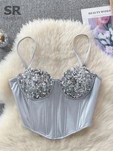 Женские танки Singreiny Sequins без спинки серебряный серебряный Camisole Женщины элегантная мода 2024 Высококачественная женская уличная одежда сексуальная клубная майка