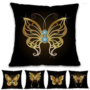 Подушка черный фон бриллиант и золотые бабочки с рисунком.