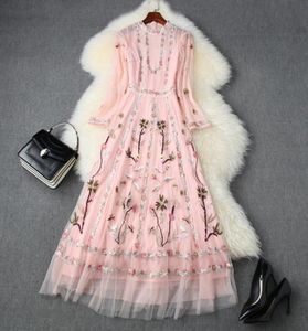 2020 Fall Autumn Long Sleeve Round Neck Pink Floral Print Tulle Embroidery Panelled MidCalf Dress Elegant Casual Dresses LAG121145214698