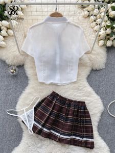 Singreiny Plaid JK Uniform erotische Anzüge Dessous weibliche Kurzarmblusen+Faltenröcke Anzüge Frauen Cosplay bloße sexy Sets