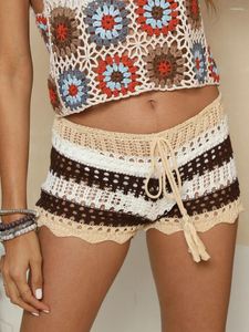 Women's Knit Crochet Shorts Casual Drawstring Elastic Waist Hollow Out Short Pants Summer Beach Lounge 2024