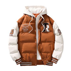 2023男子冬のファッショントレンディで偽のツーピースのフード付きレタープリントパンカップルコットンジャケット