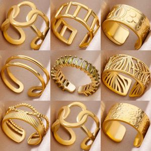 Couple Rings Womens stainless steel ring golden couple jewelry aesthetic accessories adjustable punk embossed hollow wide ring S2452455