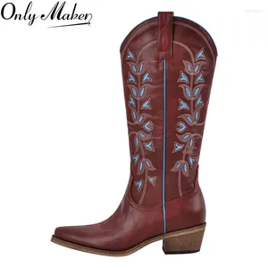 Boots OnlyMaker Women Western Cowboy apontou o dedo do pé bordado em bloco de calcanhar lateral zíper da cowgirl