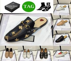 Med Box Mules Sandals Princetown Slippers Womens Loafers äkta lädersandaler Lyxiga avslappnade skor Halv Drag Metal Chain Shoe C9629403