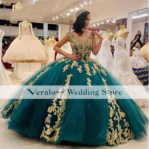 Hunter Green Princess Ball Gown Quinceanera Dresses Off Shoulder Girl Sweet 16 Dress Gold Lace vestidos de 15 anos 2628