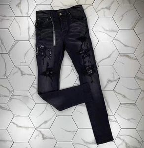 HM546高品質のメンズジーンズが苦しんでいるオートバイバイカージャンロックスキニースリムリッピングホールストライプファッショナブルなヘビ刺繍DE8556195