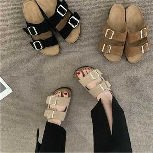 home shoes 2024 New Summer Womens Cork Slippers Leisure Beach Double Button Anti slip Outer Nubuck Leather Slippers Womens Shoes Q240524