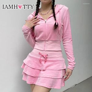 Sukienki robocze Iamty Barbiecore Pink zamek z kapturem i wielopoziomowy mini spódnica dwuczęściowa set Sweet Y2K A-Line Spurts Bluzy Suit Autumn