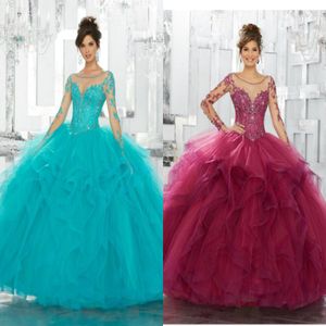 ثياب Quinceanera مصنوعة خصيصًا من الدانتيل الترتر الطويل الأكمام الزرقاء ، ثوب الكرة الزرقاء Tulle Sweet 15 العباءات بالإضافة إلى الحجم 289T