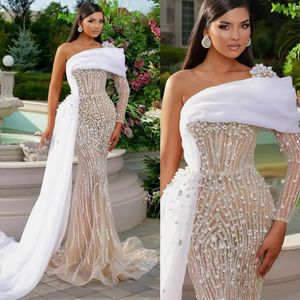 Luxury Beading Mermaid Wedding Dress Sexy One Shoulder Pearls Bridal Gowns Sequins Beads Wedding Gowns For African Women