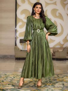 Casual klänningar Elegant retro arabisk maxi klänning lång kjol kvinna kläder ramadan satin midjeband o-hals lykta ärmar pärla lyster