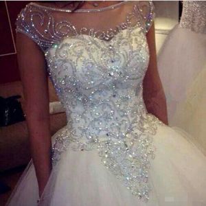 Luxury Crystal Ball Gown Wedding Dresses Scoop Sheer Neck Cap Sleeves Beaded Chapel Train 2019 Custom Made Wedding Bridal Gown 252D