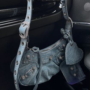 New Neo Cagole bag Designer Le Cagole Cowboy Motorcycle Bag Underarm Bag Crescent Dumpling Bag Single Shoulder Bag with Diamond Rivet Saddle Bag Womens Blue Bag