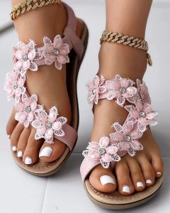 Sandals Women's Floral Pattern Toe Ring Slingback Beach Sandals Flat Women Summer Shoes Bohemia Flowers Beach Ladies Shoes