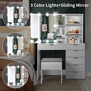 ZK20 Particleboard Triamine Veneer 6 Pumps 2 Shelves Mirror Cabinet 3 Tone Light Bulbs Dressing Table Set White