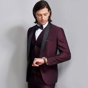 Senaste Design Custom Made Burgogne Wedding Suits Slim Fit Groom Tuxedos Formal Wears Shawl Lapel Groomsman Suits Jacket Pants Vest 2632