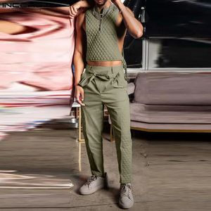 Men Sets Patchwork Streetwear Oneck Sleeveless Zipper Tank Tops Lace Up Pants 2PCS Fashion Mens Casual Suits 240517