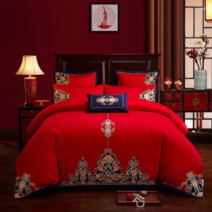 Bedding Sets Cotton Style Chinese Conjunto king size bordado colorido colorido vermelho lençóis para casamento