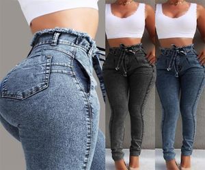 Hög midja jeans kvinnor streetwear bandage denim plus size jeans femme blyertsbyxor mager woman11559727