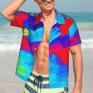 Men's Casual Shirts Abstract Paint Brush Vacation Shirt Male Red Blue Yellow Hawaiian Short Sleeve Vintage Oversized Blouses Gift Idea