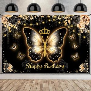 Party Decoration Fjäril Happy Birthday Backdrop Black Gold Floral Crown Pography Bakgrund Girl Women Decor