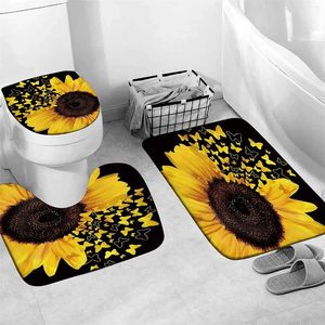 Badmatten Schmetterling Sonnenblumen Badezimmer Teppich Set schwarzer Hintergrund rustikale Holzplatte Flanellmatten Toilettensitz Badewanne Dekor Zubehör