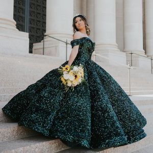 Sparkly Blackish Green Sequins Ball Gown Quinceanera Dresses 2024 Off Shoulder Shiny Party Prom Gowns Sweet 16 Dress Vestidos De 15 Anos
