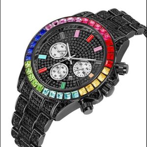PINTIME Luxury Colourful Crystal Diamond Quartz Battery Date Mens Watch Decorative Three Subdials Shining Watches Factory Direct Wristw 267g