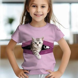 T-Shirts Childrens and Girls Clothing 3D Cat Print T-Shirt Kurzärmele Kinderkleidung Mode Kleidung Alter im Alter von 2 bis 12 Jahren D240525