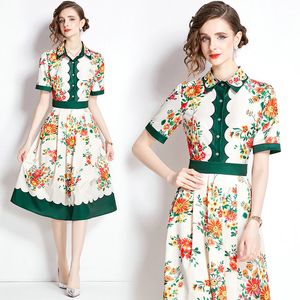 Women Summer Floral Dress Short Sleeve Boutique Printed Dress High-end Elegant Lady Floral Dress OL Runway Dresses