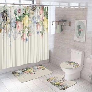 Душевые занавески цветочные занавесные наборы 4pcs бабочка розовая цветочная ткань экран ванной комнаты с не скользящими ковриками для туалетной крышки ванны