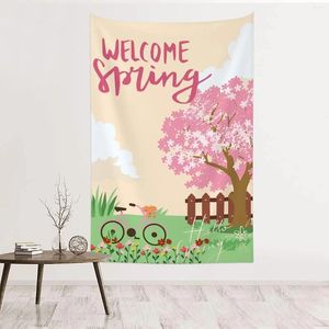 Wandteppiche 80x60 Hallo Spring Flower Gapestry Willkommen Schmetterlings Wandhängedekorationen für Zuhause