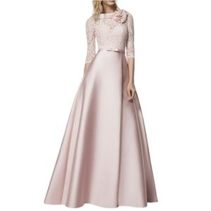 Elegant Long Sleeve Pink Satin Mother of the Bride Dresses with Pockets A-Line Lace Jewel Neck Floor Length Mom of The Groom Dress Godmother Dress for Women