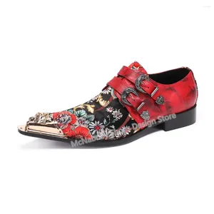 Casual Shoes Graffiti Print Herrens äkta läder Leisure Fashion Design Metal Square Toe Chunky Heel Belt Buckle Decor Male Loafers