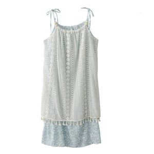 Sommar fransk stil Seaside Vacation Slip Dress Spets Tassels Flower Mid Long kjolar Söta falska två stycken strandklänningar 240508