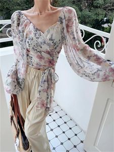 Frauenblusen Alien Kitty Lantern Ärmel Frauen dünn gedruckt Chiffon Sommer V-Ausschnitt 2024 Slim Blumen sexy Arbeit tragen sanft