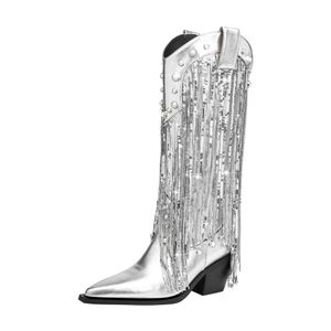 2024 Stile in pelle di pecora in pelle con pilastro a punta di punta della caviglia di punta con boot di nappe con scarpe da festa casual per feste da festa 7 cm tacchi grossi tacchi diamanti zircone rhinestone siz 35-43